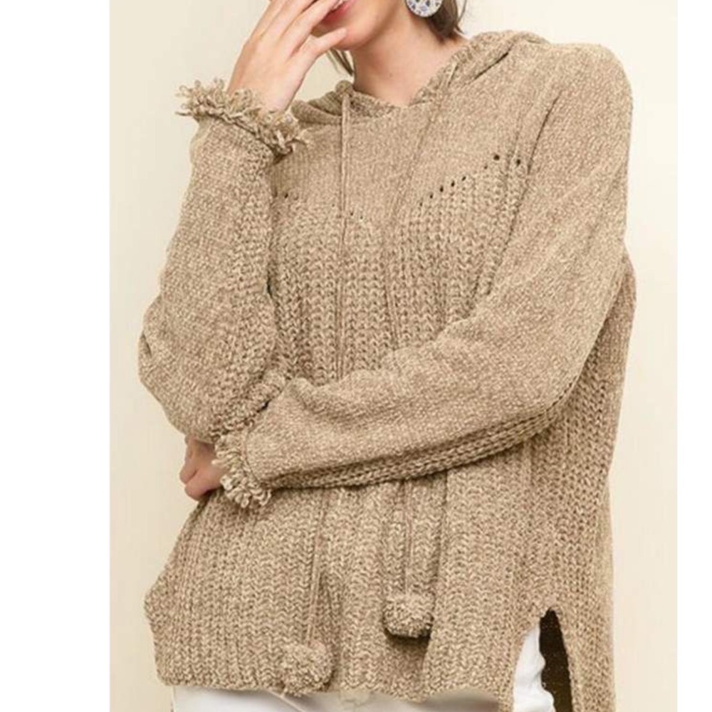 POL Chenille Pom Pom‎ Hoodie Distressed Knit Sweater Pink Size Medium